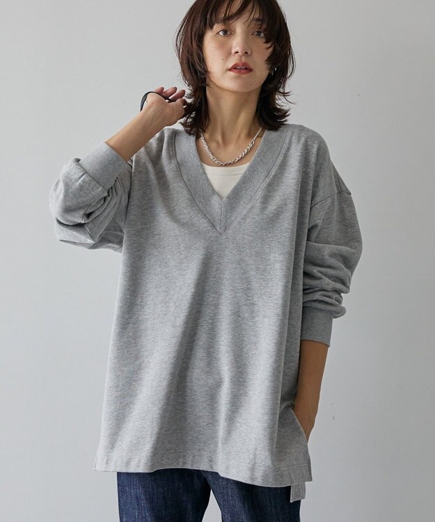 AMERICAN HOLIC Vネックサイドスリットロングスウェットプルオーバー/チュニック Light Gray Mixture