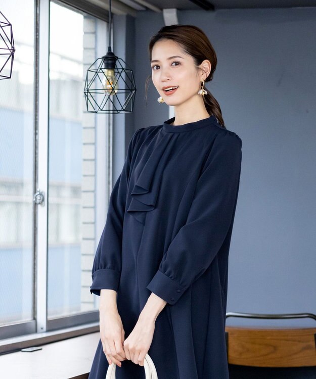 Tiaclasse L 【ダブルクロス】【洗える】フリルドレープワンピース ネイビー