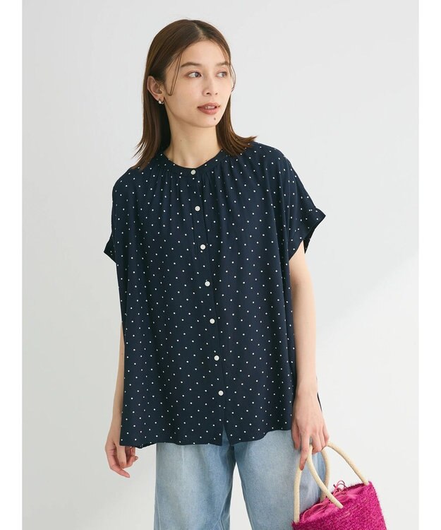 Green Parks アソート柄さらっとレーヨンブラウス Dot Navy