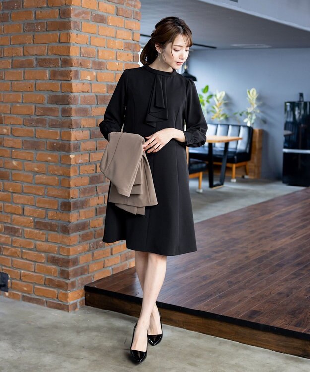 Tiaclasse L 【ダブルクロス】【洗える】フリルドレープワンピース ブラック