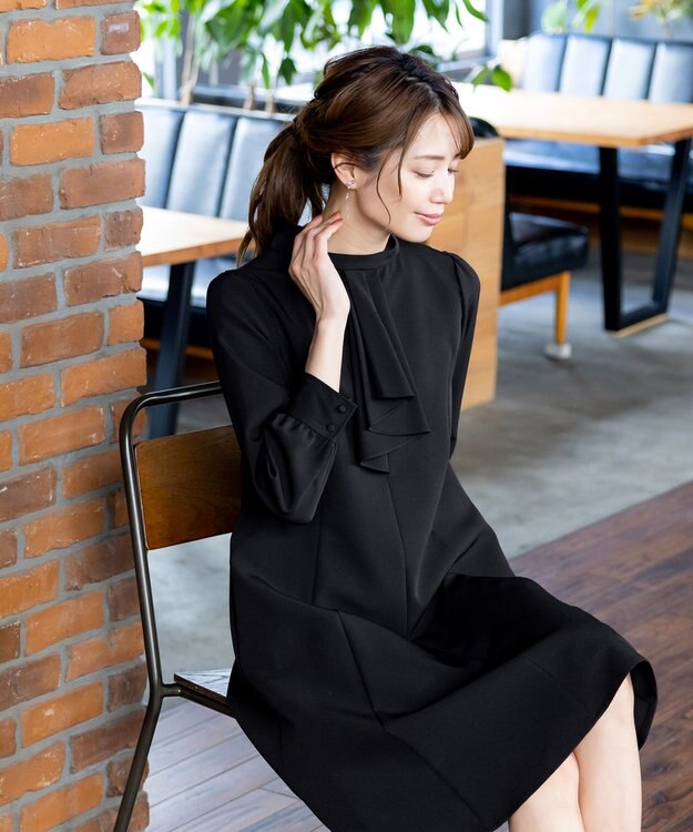 Tiaclasse L 【ダブルクロス】【洗える】フリルドレープワンピース ブラック