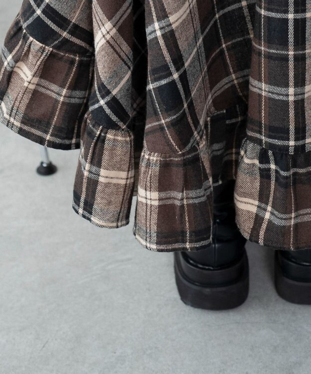 WEGO チェックアシンメトリーフリルロングスカート ブラウンチェック1