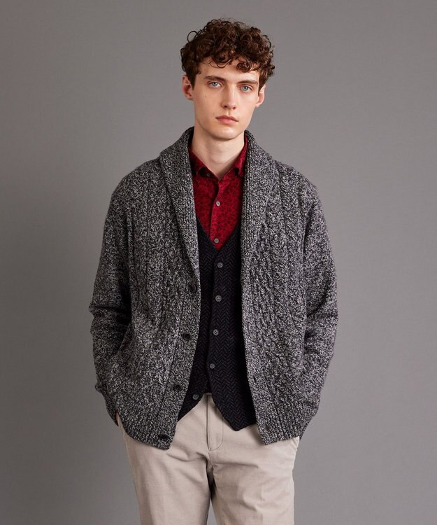 JOSEPH ABBOUD 【イタリア糸使用/軽く暖かい】 ラムウールケーブル柄ショールカラーカーデ グレー系
