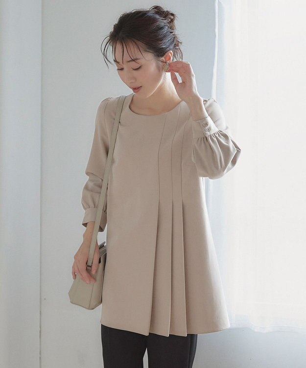 Tiaclasse L 【洗える】アシンメトリ―タックチュニック グレージュ