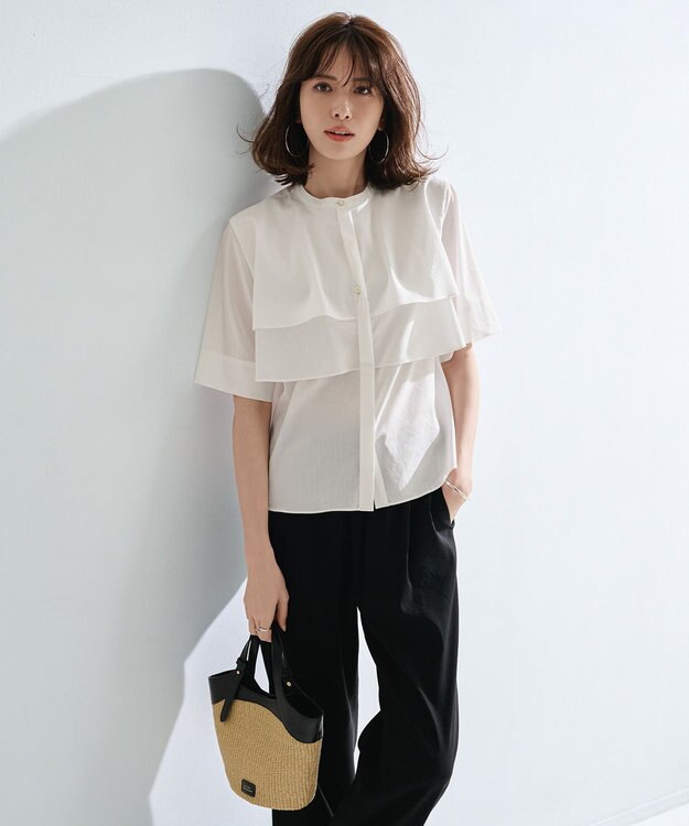 J.PRESS LADIES L 【洗える】ラミーポプリン ティアード ブラウス ホワイト系