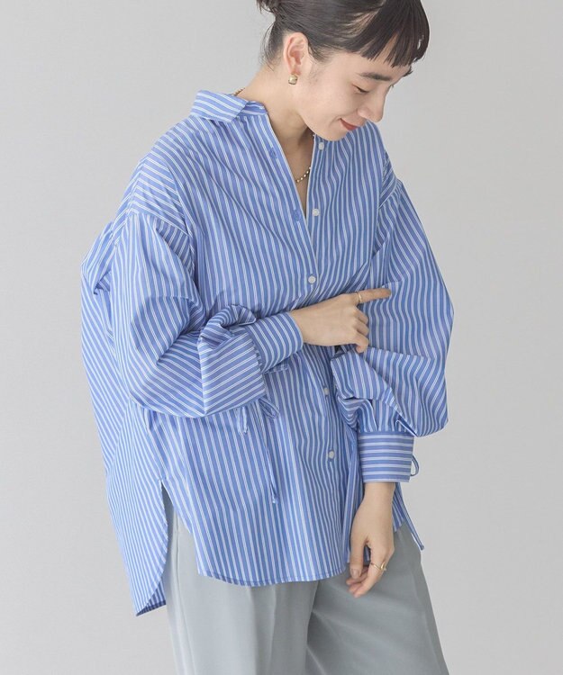 AMERICAN HOLIC イージーケアバックギャザーリボンシャツ Stripe Sax