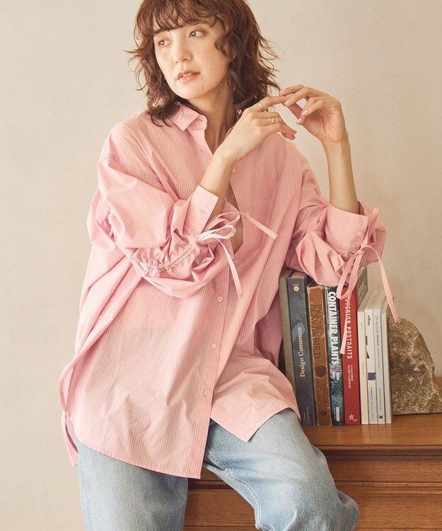 AMERICAN HOLIC イージーケアバックギャザーリボンシャツ Stripe Pink