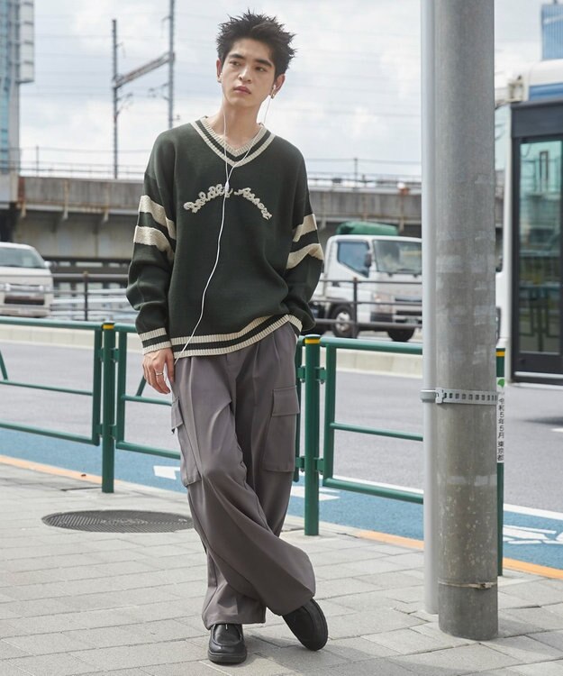 WEGO ラインチルデンニットプルオーバー ダークグリーン