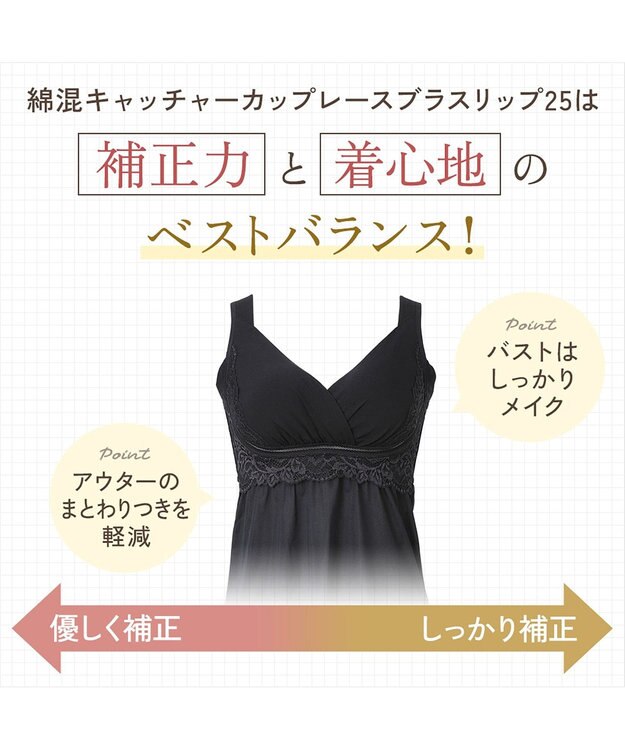 BRADELIS New York 【BRADELIS NewYork peace】綿混キャッチャーカップレースブラスリップ25 ノンワイヤー 補正下着 静電気軽減 インナー カップ付き ブラトップ ワンピース ブラック