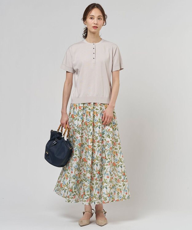 J.PRESS LADIES S スパンボタニカル プリント ロング フレア スカート オフ系