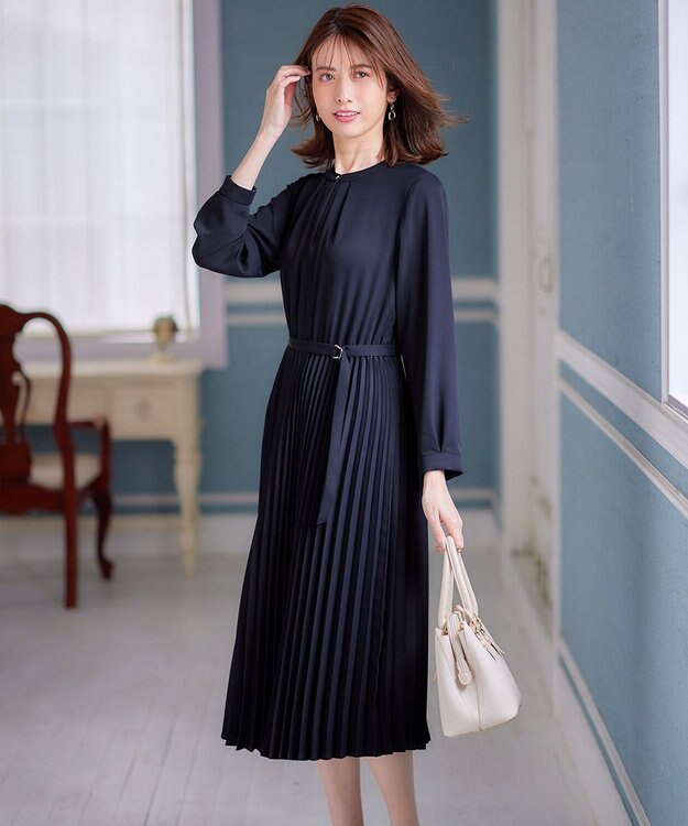 ANY SIS 【AIコラボ】スタンドカラープリーツ ワンピース ネイビー