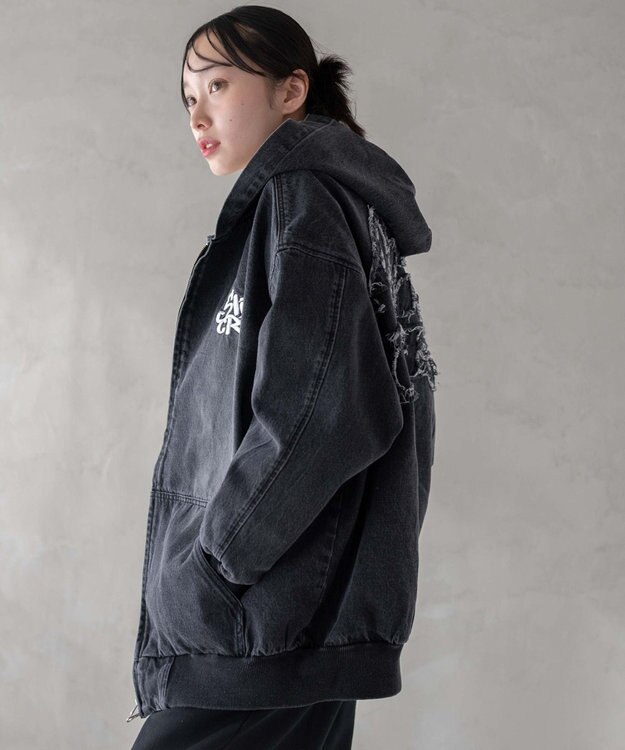 WEGO ヴィンテージウォッシュBIGフードブルゾン ブラック