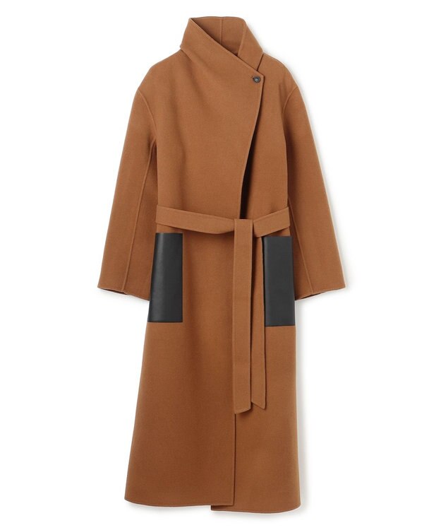 BEIGE， LEMOORE / ウールリバーフェイクレザーポケット付きコート Caramel