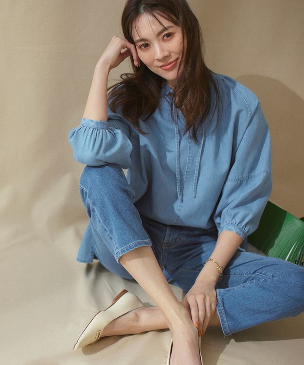 23区 S 【洗える】23区DENIM ライトダンガリー スキッパー ブラウス スカイブルー