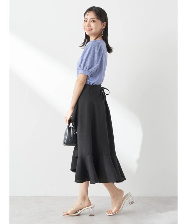 earth music&ecology アシメペプラムフレアバックレースミディ丈スカート Black