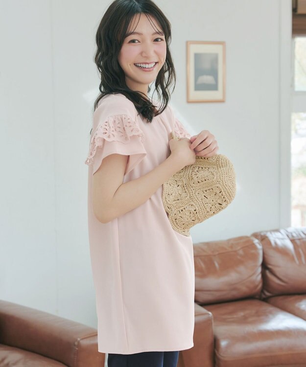Tiaclasse L レースフレア袖チュニック ライトピンク