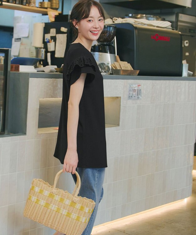 Tiaclasse L レースフレア袖チュニック ブラック