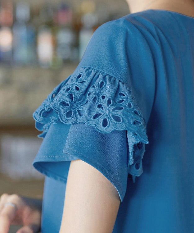 Tiaclasse L レースフレア袖チュニック ブルー