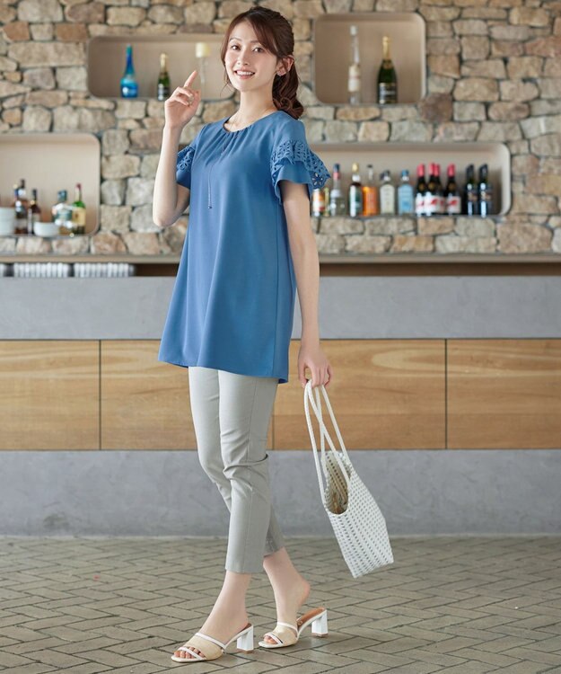 Tiaclasse L レースフレア袖チュニック ブルー