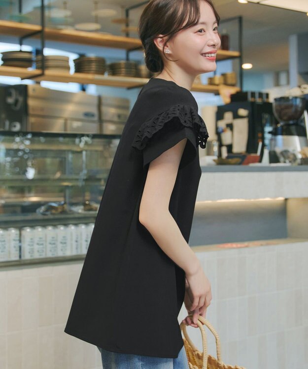 Tiaclasse L レースフレア袖チュニック ブラック