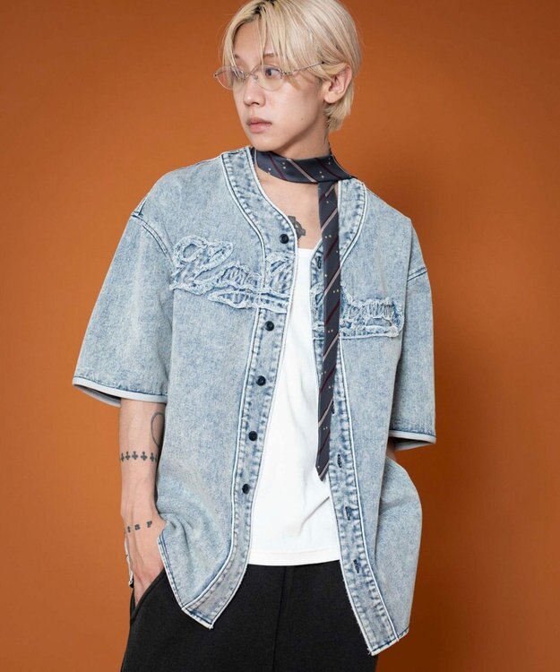 WEGO 【ユニセックス着用ITEM】ベースボールデニムグラフィックシャツ（SS） デニム淡加工色