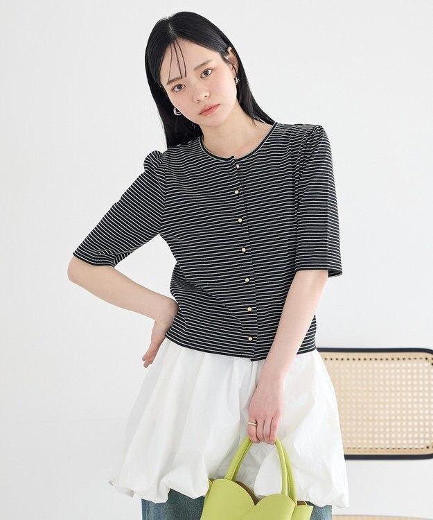earth music&ecology ゴールドボタンボーダーカーディガン Black