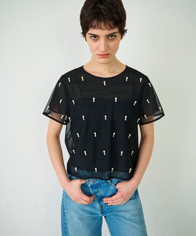 GRACE CONTINENTAL ビジューチュールトップ ブラック