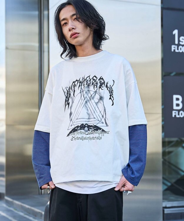 WEGO フェイクレイヤードグラフィックT（LS） ブルーボーダー