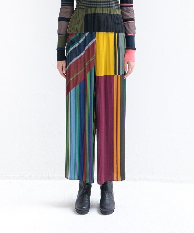 COQ DIALOGUE 前後2WAYプリーツパンツ グリーンマルチカラーストライプ