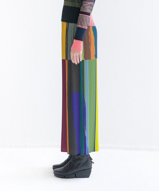 COQ DIALOGUE 前後2WAYプリーツパンツ グリーンマルチカラーストライプ