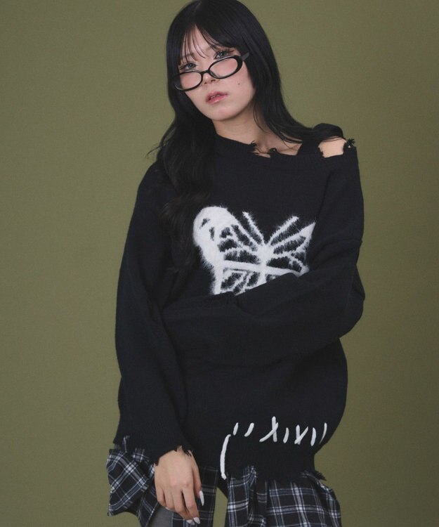 WEGO バタフライダメージニット ブラック