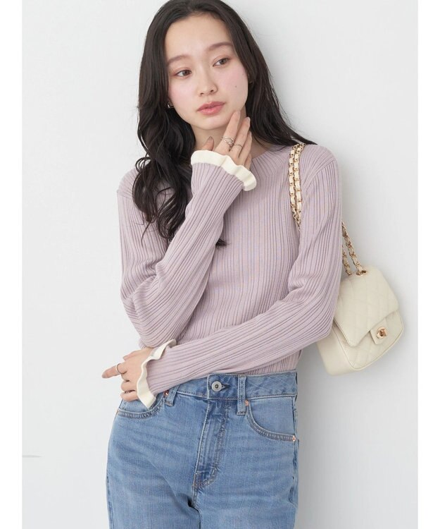 earth music&ecology 配色フリルニットプルオーバー Pink Beige