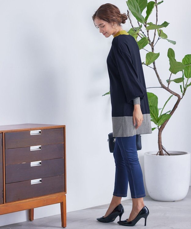 Tiaclasse L 【洗える】カラーブロッキングニットチュニック ネイビー