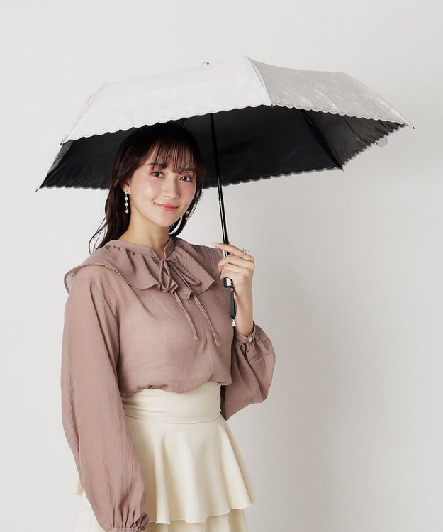 MOONBAT 【遮光率100％/遮熱/UV】LANVIN en Bleu (ランバン オン ブルー)晴雨兼用日傘 フラワーグリッター シルバースカラ刺繍 花柄 折りたたみ傘 簡単開閉 キャメル