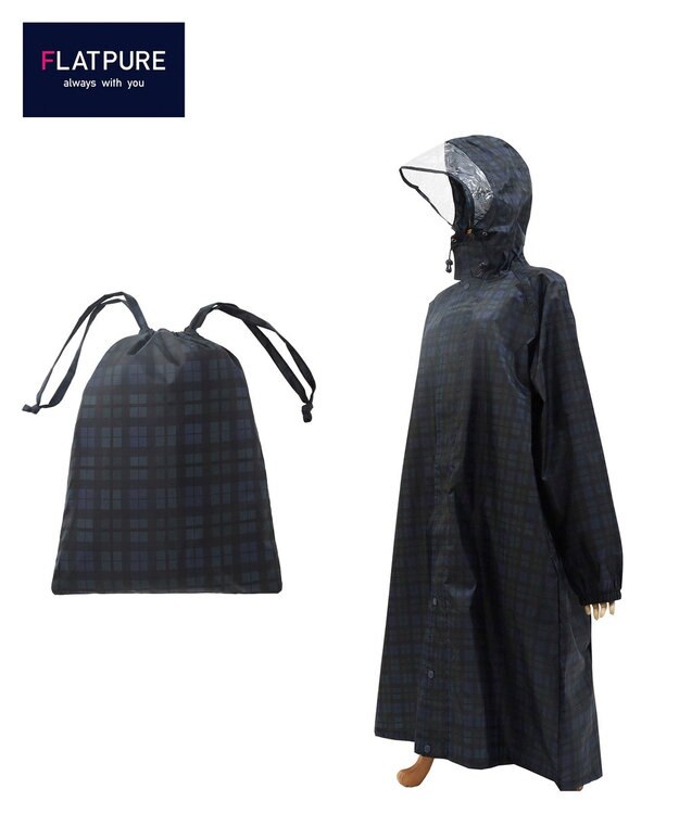 MOONBAT FLAT PURE レインコート チェック柄 リュック対応 ユニセックス 収納袋付き ネイビーブルー