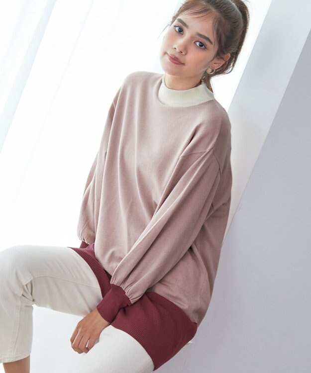 Tiaclasse L 【洗える】カラーブロッキングニットチュニック ピンク