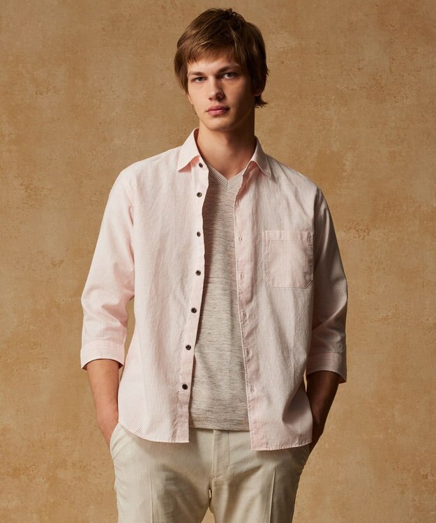 JOSEPH ABBOUD 【リネン素材/吸水速乾/日本素材】リネンハニカム Vネック Tシャツ ベージュ系