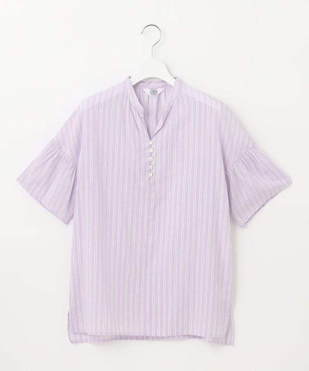 J.PRESS LADIES 【洗える】綿キュプラコードストライプ キーネック ブラウス ふじ色系1