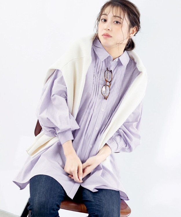 Tiaclasse 【洗える】パフ袖シャツチュニックブラウス ラベンダーストライプ