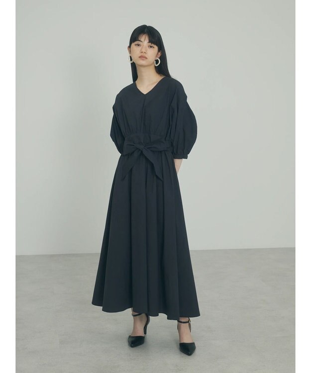 Green Parks ａ．ボリュームギャザーウエスト切替ワンピース Black