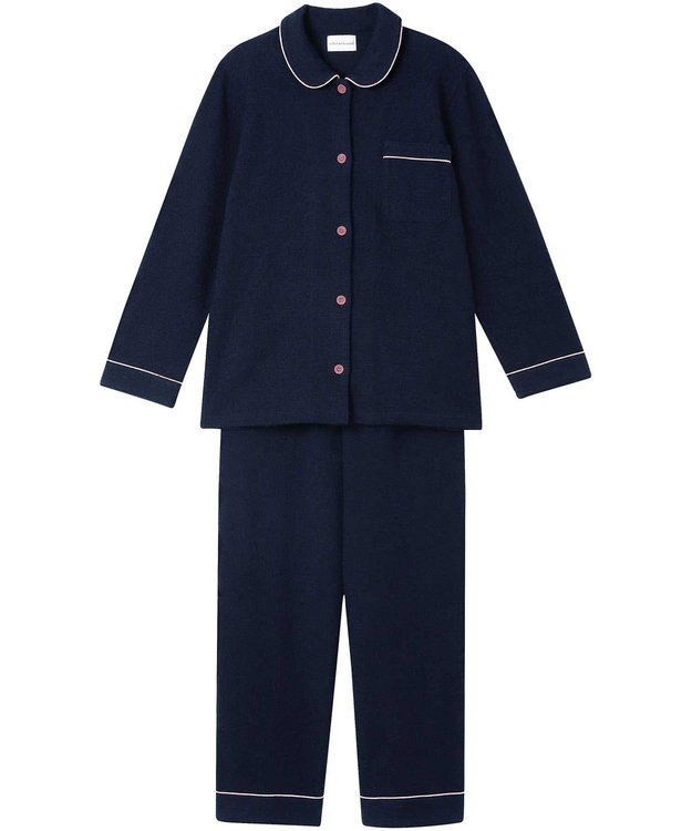 une nana cool 【綿混】カジュアルスラブツィード 長袖開襟パジャマ ネイビー