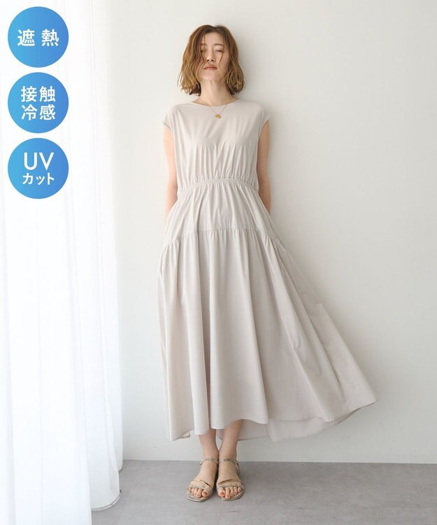 YECCA VECCA 【UVカット/接触冷感/遮熱】ギャザーロングワンピース Light Beige