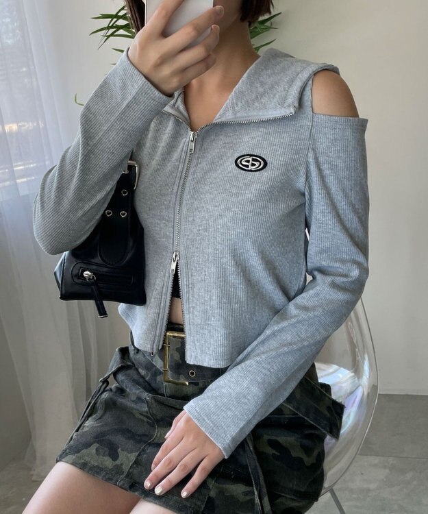 WEGO オープンショルダーダブルジップパーカー 杢グレー