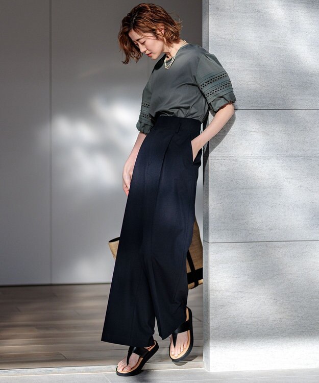 23区 【セットアップ対応/洗える】コットンリネン オックスストレッチ ワイド パンツ ブラック系