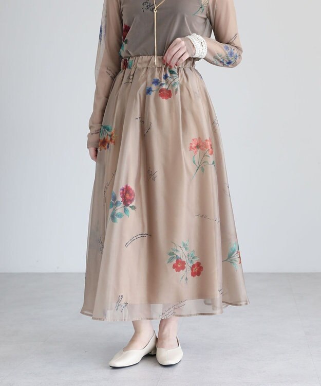 Green Parks ・ＳＵＧＡＲ　ＳＰＯＯＮ　フラワーｐｔシアーフレアスカート Gray Beige