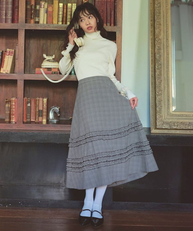 Feroux フレアギャザーチェック スカート ホワイト系2