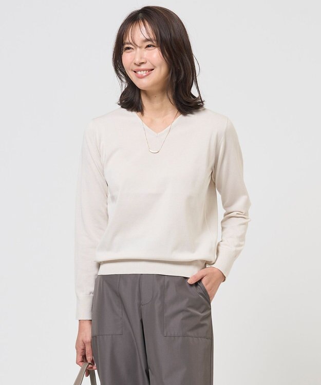 J.PRESS LADIES S HIGH GAUGE BASIC Vネック ニット ライトベージュ系