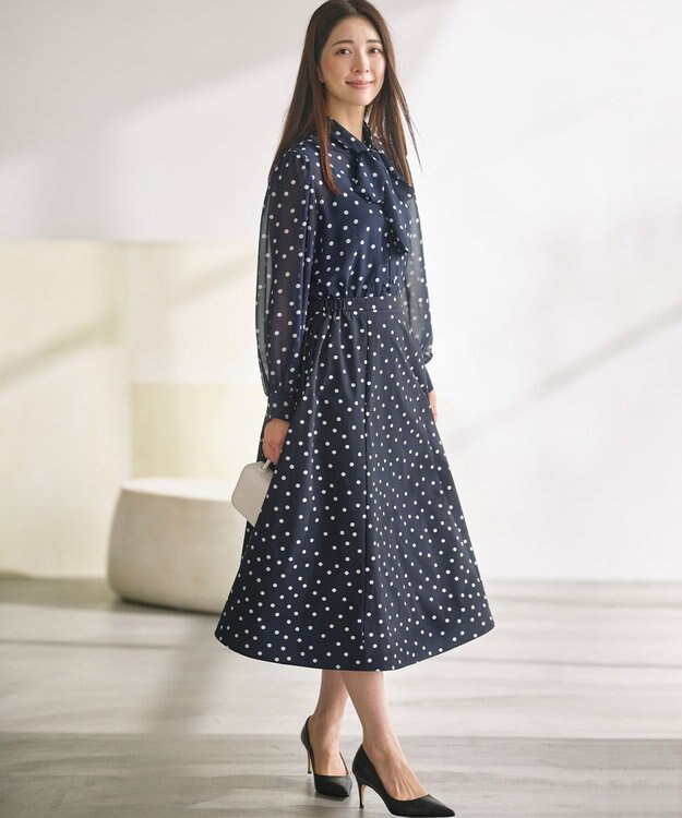 組曲 【前後着用可】シフォンオーガンプリント ボウタイワンピース ネイビーベース系5