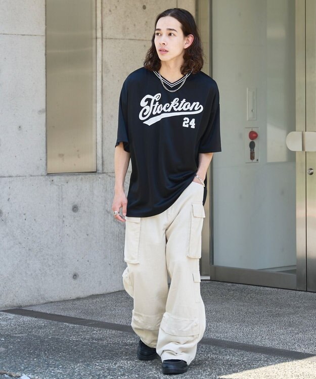 WEGO 【ユニセックス着用ITEM/2点セットネックレス付き/MLサイズ展開】アクセ付きラインリブメッシュプルオーバー ブラック