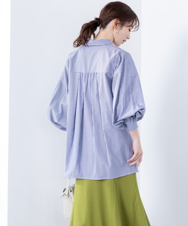 Tiaclasse 【洗える】パフ袖シャツチュニックブラウス ネイビーストライプ